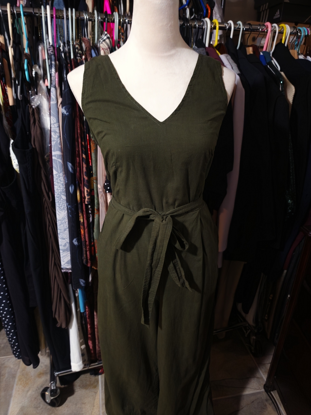 Lucky Brand Olive Green V-Neck Tie-Waist Maxi Jumpsuit